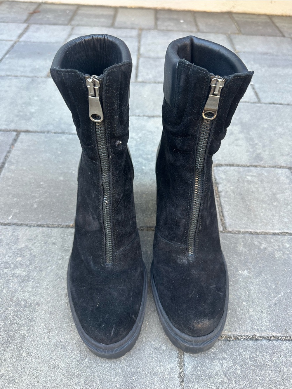 Front-Zip Black Suede Ankle Boots